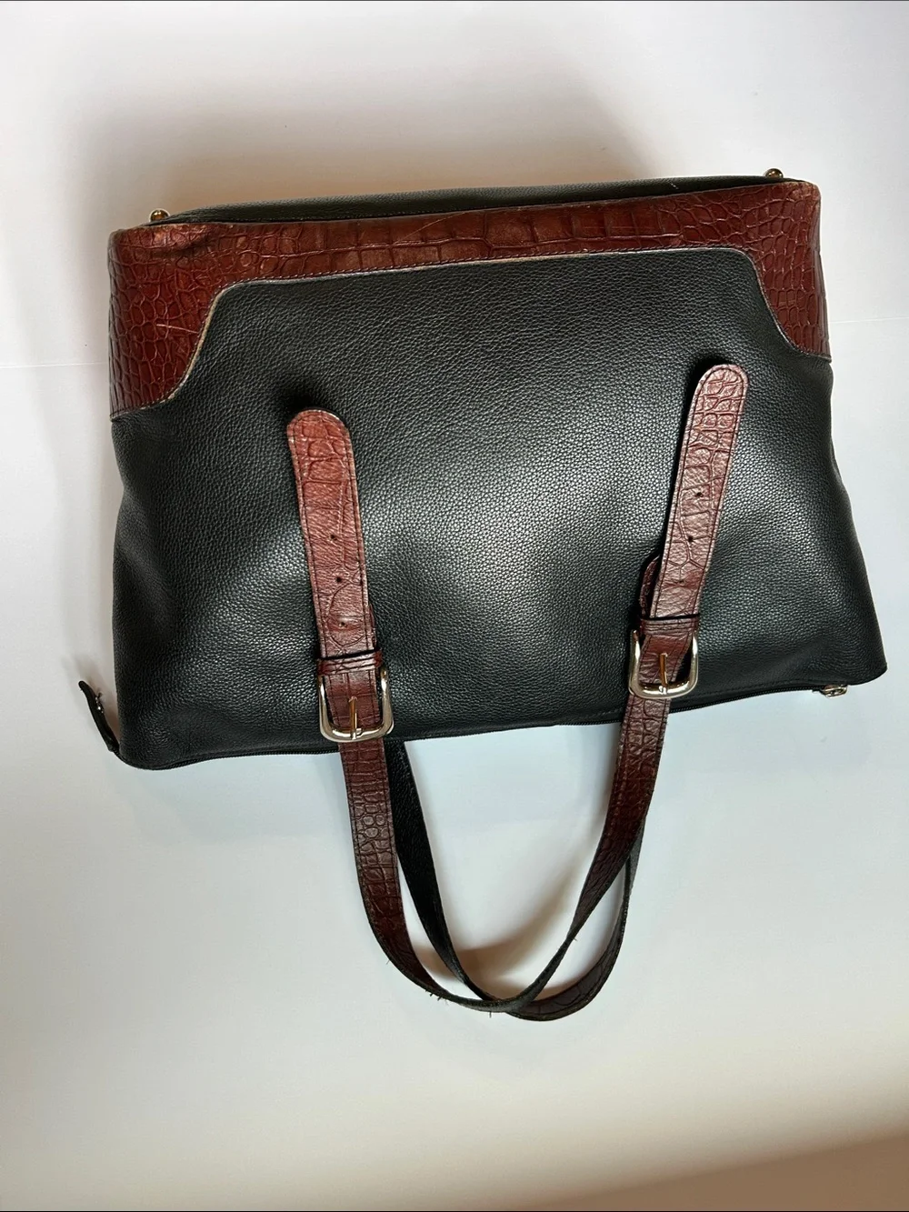Jack Georges Black Pebbled Leather Tote Bag Brown Croc Embossed TrimBusiness Bag
